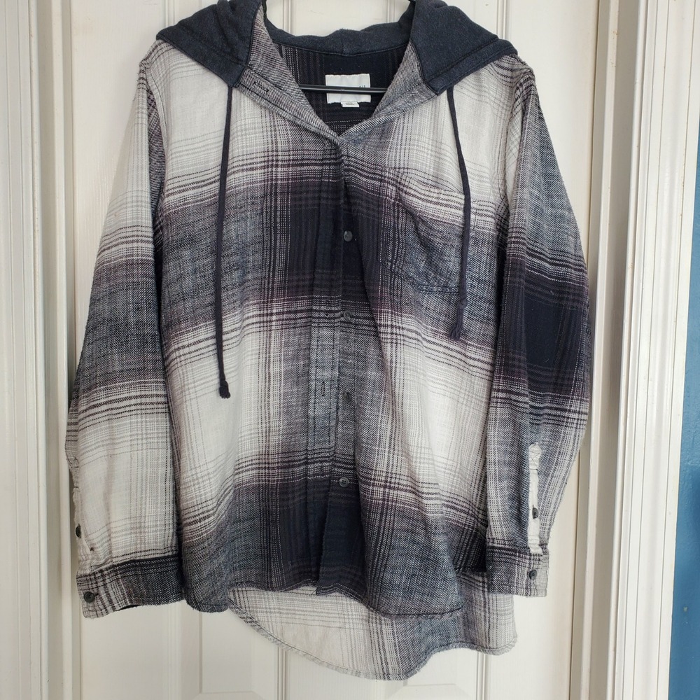 American‎ Eagle Plaid Slouchy Flannel Hooded Shirt Grunge Black White Womens Sm